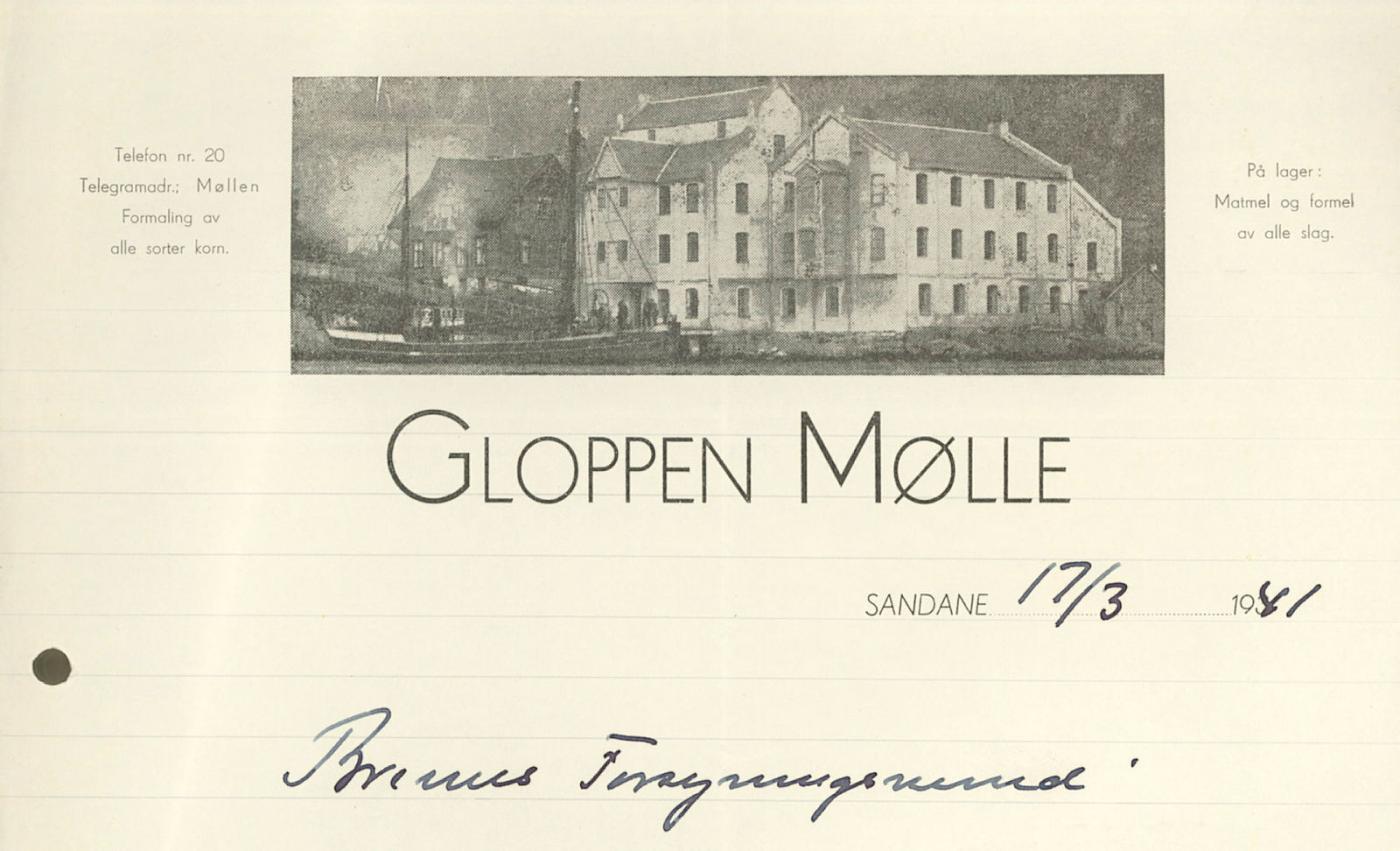 Brevhovud på Gloppen Mølle sitt brevpapir i 1941. Brevet er sendt til Breims Forsyningsnemnd og underskrive av "forretningsføraren" E. Sortrup.