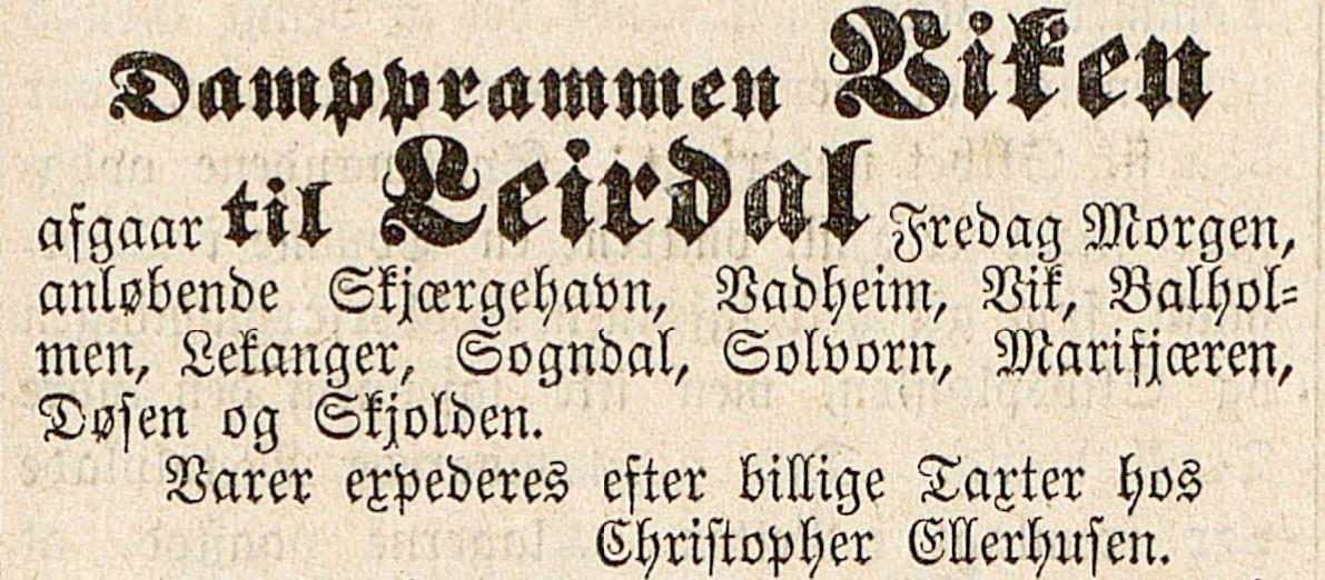 Annonse i avisa Bergens Adressecontoirs Efterretninger, 08.09.1869, om at dampprammen «Viken» skal gå i rute frå Bergen til Sogn (og tilbake). Båten tilhøyrde Bergens Dampprammelag, etter alt å døma skipa våren 1869.