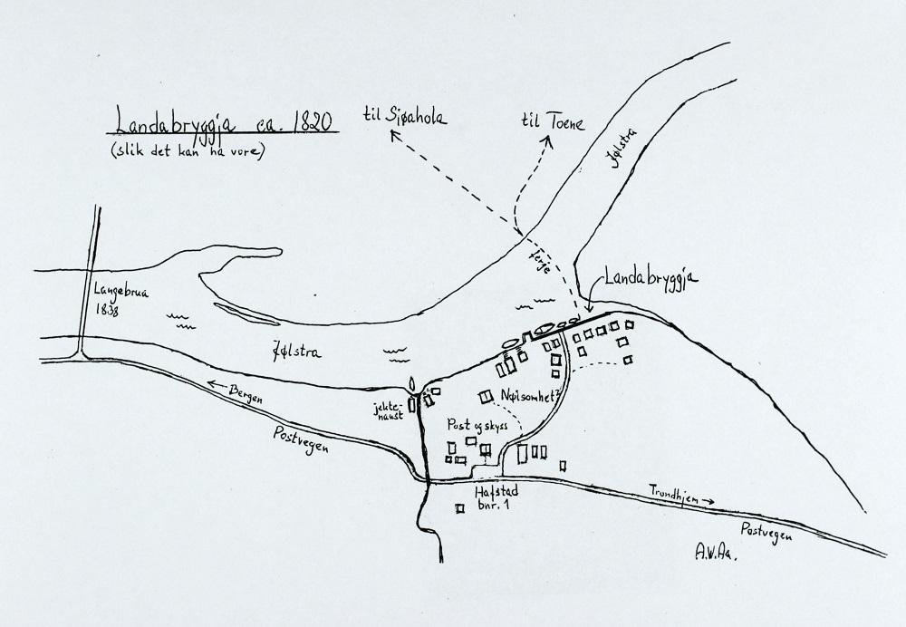 Teikninga viser Landabryggja saman med postgard, postveg og gjestgjevarstad. Staden heldt på å utvikle seg til det nye Førde, men Langebrua og hamnetilhøva stoppa dette.