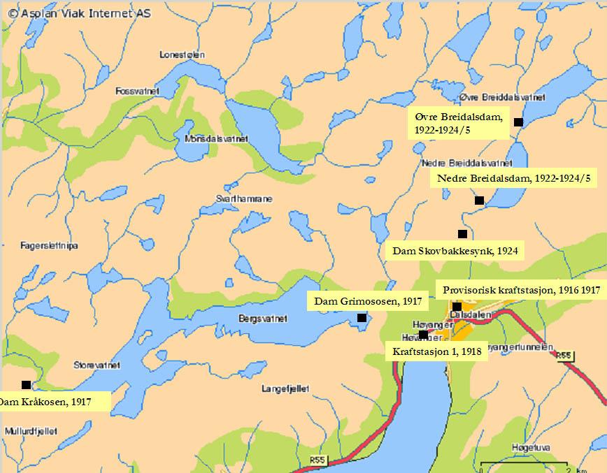 Oversyn over vassdraga som vart regulerte og utbygde i samband med bygginga av kraftstasjon 1. Øyrerøyret vart sett i drift i 1918, medan Hjetlandsrøyret kom i drift i 1922. Med på kartet er også den provisoriske kraftstasjonen på Hjetland.

