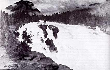 Eidsfossen i velmaktstida hans. Måleri av A. G. Wigdahl 1878.