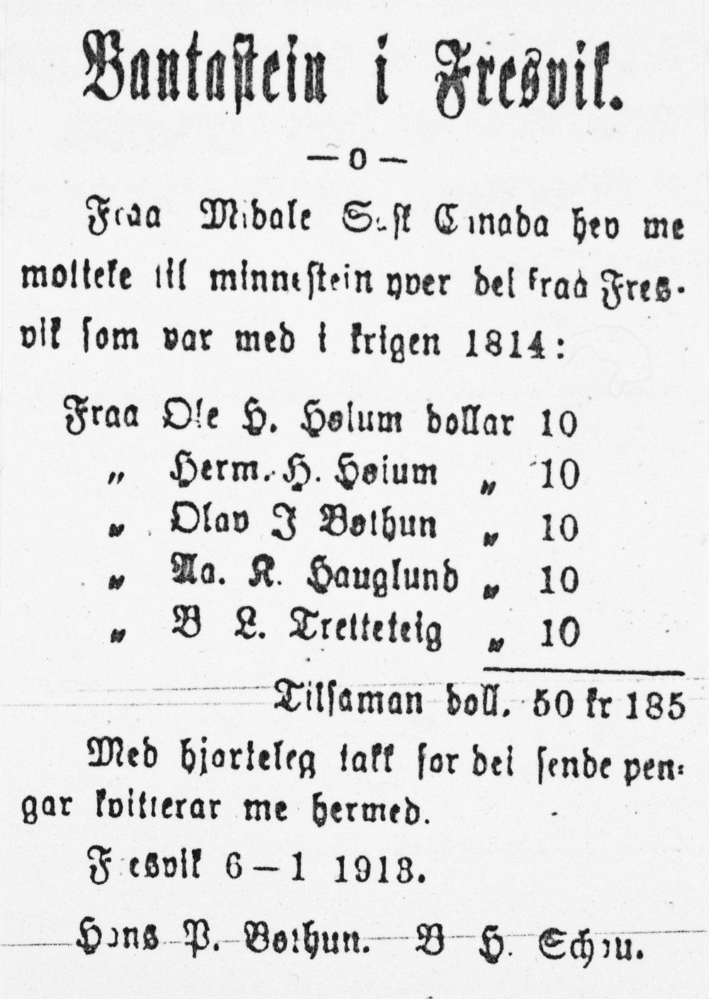 Melding i Sogns Tidende, j. Juni 1913, om pengegåver frå Amerika.
