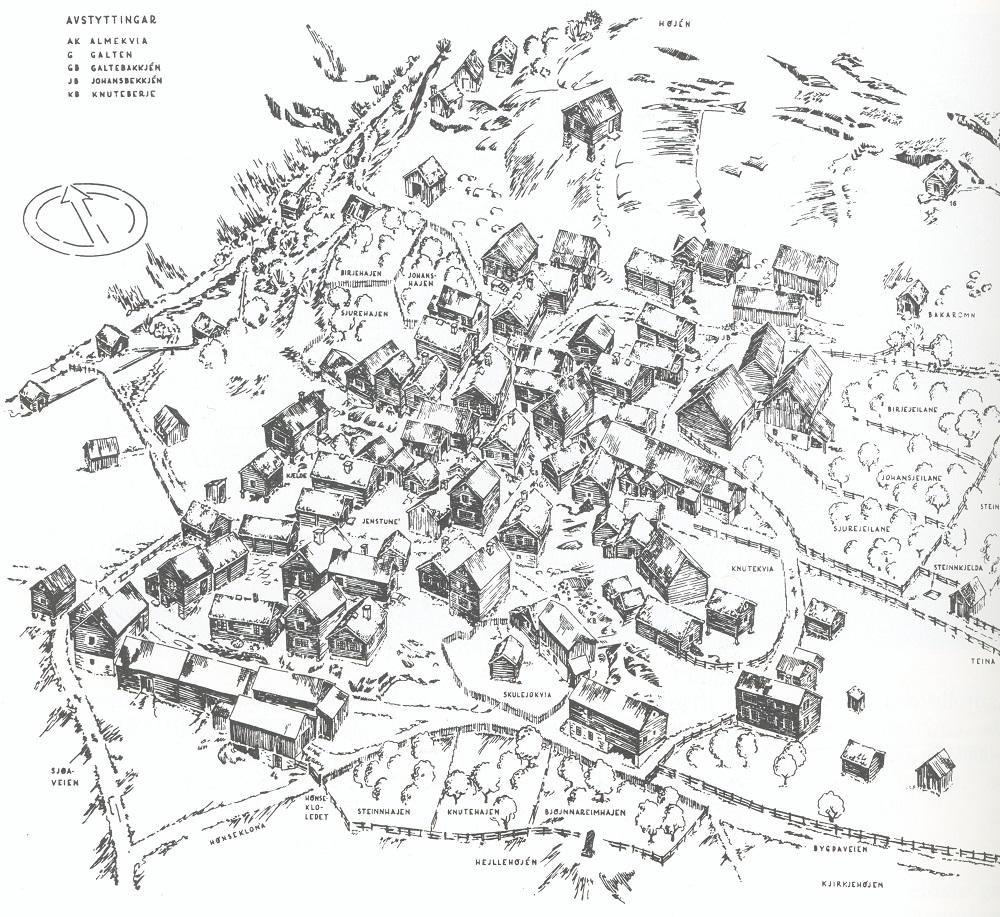 Austrheimstunet, slik det stod om lag 1880. Bautasteinen står i utkanten av tunet, mot sør, heilt fremst i biletet. Haugen som steinen står på, vert kalla "Heljehogen".
