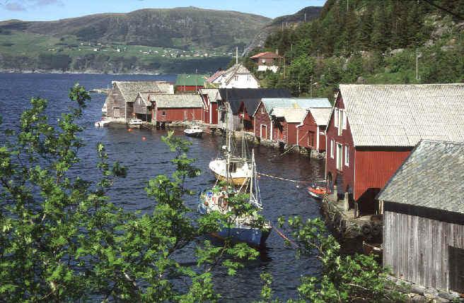 Det er ikkje heilt slutt på fisket i Torskangerpollen, men det er ikkje i nærleiken av kva det var i perioden 1890 til 1920. Her ser me rekkja med sjøbuer, havstover og naust sett frå inst i pollen og utover med Kvalheim i bakgrunnen.