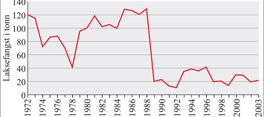 Oversikt over utviklingen i samlet laksefangst for sjø og elv i Hordaland 1972–2003