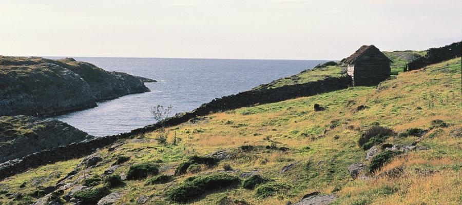 I lyngheilandskapet ved Golta i Sund ser vi ut mot storhavet