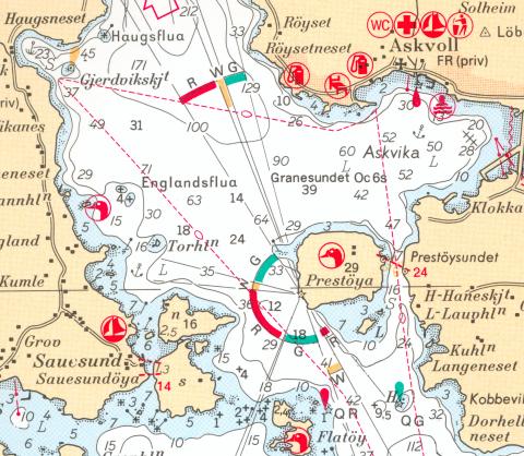 Kart over den sørlege delen av Granesundet med Atløy i vest og Askvoll i aust.