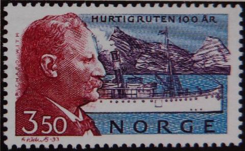 «Hurtigruten 100 år», særfrimerke 17. juni 1993. Motiv: Kaptein Richard With og DS «Vesteraalen», Vesteraalens Dampskibsselskab (VDS), Stokmarknes. Richard With var grunnleggjar av VDS og «far» til Hurtigruta.