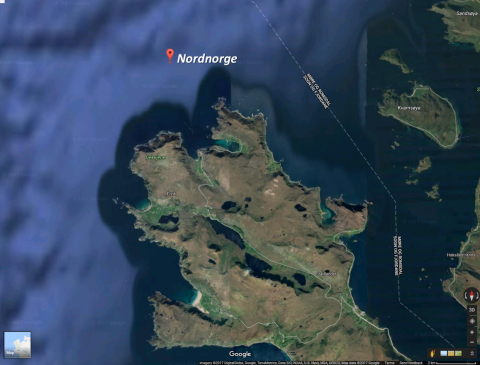 DS «Nordnorge» (2) – krigsforlis 1944. Kartet viser posisjonen til hurtigruteskipet DS «Nordnorge» (2) då skipet vart torpedert og søkkt av den britiske ubåten HMS «Satyr», 24. mars 1944: «62°14' N, 05°08' E.»