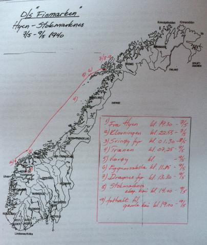 Dekksdagboka har presise data på distansen Hyen – Stokmarknes 7. mai – 9. mai 1940: klokkeslett og posisjonar. Frå Hyen 7. mai kl. 19.00 - til Stokmarknes 9. mai, kl. 14.00. Reidar Jørgensen og Oddvar Kleppa, Stokmarknes, har lagt seglingsdistansen inn på kart. Samla distanse er rundt rekna 1000 km. «Finmarken brukte 43 timar. Det vil seia ein snitt-fart på cirka 12,5 knop, (1 knop: 1852 m pr. time).