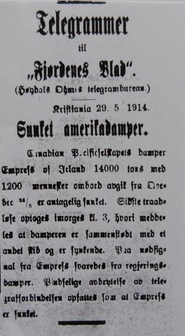 Nyhendemelding i «Fjordenes Blad» (Nordfjordeid), 30. mai 1914, om «Empress of Ireland»-forliset. Notisen er attgjeving av eit telegram frå Høydals Ohms telegrambureu i Kristiania, datert 29. mai 1914, dagen etter forliset.