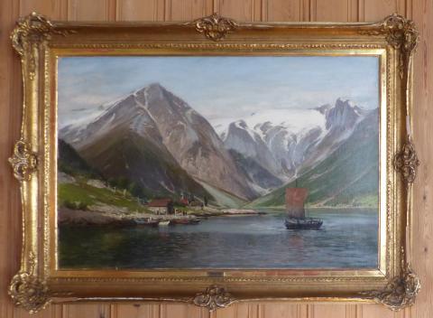 Den norske Nordhavs-ekspedisjonen 1876-1878. Esefjorden, «en af de ypperste Havner i Norges Land» (Morgenbladet 01.07.1876). Maleriet er å finna på Kviknes Hotel, Balestrand, saman med fleire andre med motiv Esefjorden laga av «vore Landskabsmalere.»