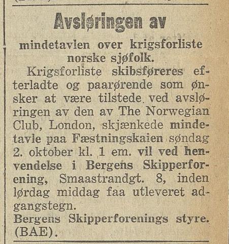 Bergens Skipperforening. Annonse i Bergens Tidende 30.09.1921 om høve til å få tildelt «adgangstegn» til avdukinga, 02.10.1921, av det engelske minnesmerket i Bergen over norske sjøfolk som omkom under 1. verdskrigen.