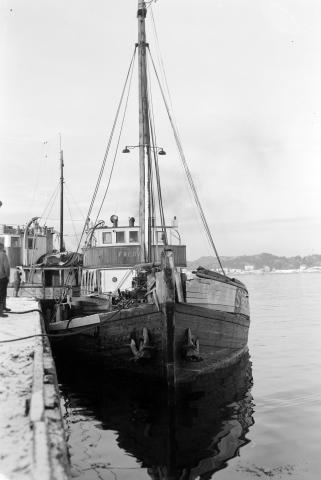 Frakteskuta MS “Fresvik” til kai i Florø år 1949. Det ser ut til at “Fresvik” har vre ute I hardt ver. Skansekledningen på styrbord side framme er borte og på babord baug også skada.