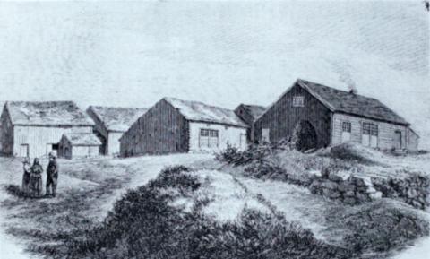 Illustrasjon i <i>Skilling-Magazin,</i> 11.05.1867 med bilettekst: "Torfæus's Hus paa Karmøen". Huset i midten er stova til Torfæus. Haugen i framgrunnen er Torfæus sin safe, ein jordkjellar der han oppbevarte handskrift han hadde på lån frå kongen sitt bibliotek i København.