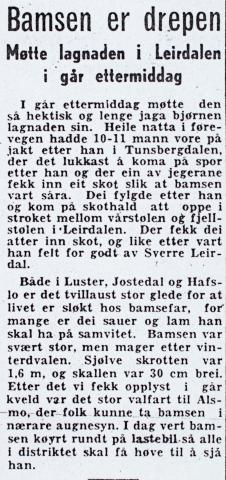 Melding i "Sogn Dagblad" 26.05.1956 om at "bamsen" var drepen.