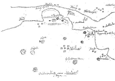 Kartskisse (første halvdel av 1800-talet) med stadnamn og oppmerka gravrøyser og bautasteinar. På Fimreitesida er notert desse namna (frå venstre): Pladsen, Houg, Holme, Femrejde, Vetle... Langs fjorden på Nornessida (frå venstre): Thinghoug, (ved kross i sjøen ?), Ingebr..næs, Grøthoug, Plads, Lomelde.