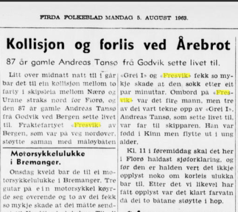 Oppslag i Firda Folkeblad, Florø, om «kollisjon og forlis ved Årebrot», natt til søndag 4. august 1963.