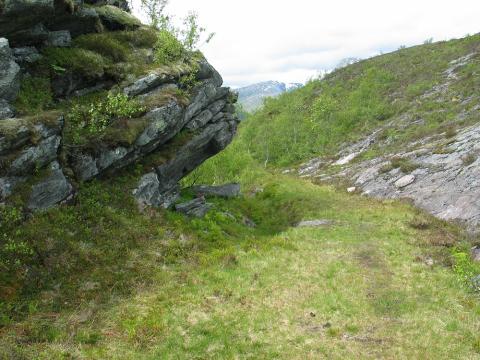 Vegen passerer Likhilljaren på Rørvikfjellet. Før Haukedalen fekk kyrkje og gravplass på 1500-talet, måtte ein ofte dele transporten i to og setje kista inn under denne hammaren.