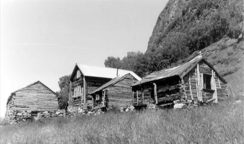 Nedbergo sett mot nord. Til høgre er eit sauehus, deretter eit stabbur, og lengst til venstre er stova, alle på bruk nr 2. Dette bruket vart utskilt frå hovudbruket kring 1830. 



