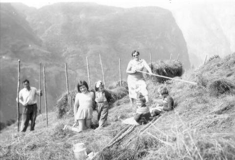 Hesjing på Nedbergo. Dei vaksne er Sylfest Nedberge (1918-1998) og Magnhild, fødd 1918, gift med Kristian Nedberge. Borna er få venstre: Idunn, Tove, Torill og Grete. 

