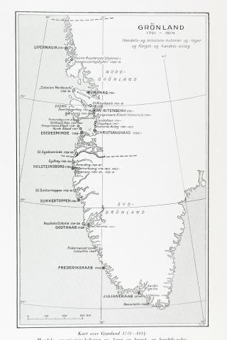 <p>&rdquo;Kart over Gr&oslash;nland 1721-1814&rdquo; i Ostermann, H: Nordm&aelig;nd paa Gr&oslash;nland 1721-1814. Den f&oslash;rst kolonien i 1721 var &rdquo;Haabets Colonie&rdquo; p&aring; breiddegrad 64.</p>