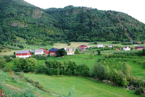 Garden Njøs. Bjørgahaug ligg nedanfor toppen midt på biletet. Bjørgadalen ligg til venstre for Bjørgahaug. Eit «trekanta» granfelt er i dag i området der det skal ligga gamle tufter.