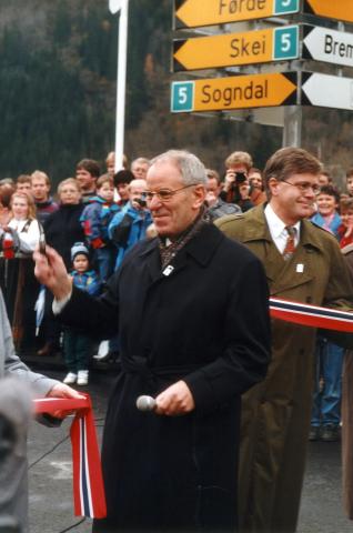 Statsråd Kjell Opseth opna Fjærlandsvegen 29. september 1994. Han sa i helsingstalen sin, at ein må ha reist mykje i dette fylket for verkeleg å forstå kva verdi denne vegen har både for fylket og for landet. Opninga av Fjærlandsvegen var ein merkedag for samferdsla i fylket. Sambandet knyta fylket langt betre saman, og korta ned reisetida mellom ulike regionar. Frå Nordfjord er vegen over Skei-Fjærland-Sogndal 66 km kortare til Oslo enn over Strynefjellet. Skei-Fjærland-Sogndal er difor eit godt al...