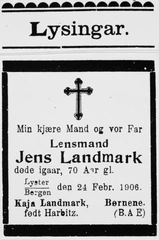 Dødsannonse i <i>Sogns Tidende</i>, 27.02.1906.