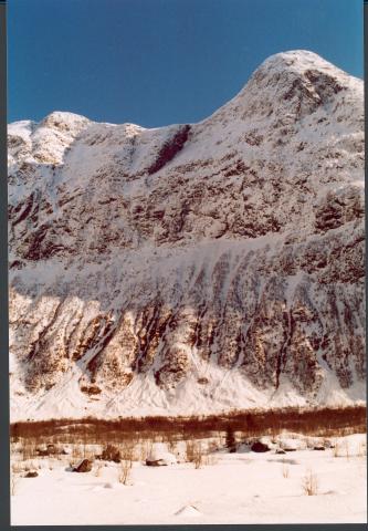 Utsikt frå Bøyadalen opp mot ulukkestaden. Fjelltoppen til høgre er Fremste Skeisnipa (1440 m o.h.), toppen til venstre er Tyskarnipa (1375 m o.h.). Walther Christiani datt utfor frå botnen mellom desse fjelltoppane og ramla fleire hundre meter nedover den stupbratte fjellsida.