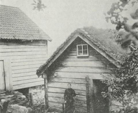 Hus på plassen Sagebakken, barndomsheimen til Jacob Aaland. Brita Aaland, syster til Jacob Aaland er med på biletet. Anders Pederson Aaland brukte plassen frå 1854. Han var ein dugande smed og bygningssnikkar, og han dreiv stampe og sag i Homplandselva. Dessutan var Anders tidleg ute med fruktdyrking i Randabygda. Han og broren Per Hammer var dei fyrste til å poda inn nye eplesortar i villaplar. Elles dreiv han mykje heimefiske i fjorden. Anders vart gift med Brite Jensdotter Aaland (1827-1866) som ...