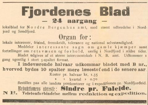 Annonse i Fjordenes Blad, 22. juli 1897. Rasmus Sindre var redaktør i åra 1895-1901, og redaksjonen si postaddresse var Sindre pr. Faleide.
