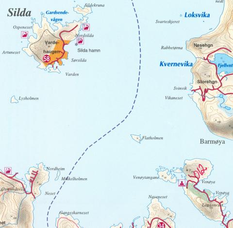 Kart over området der skonnerten "Marie" dreiv i stormen frå nordvest i 1862. Seglskuta sleit seg frå hamna på sørsida av Silda og dreiv mot søraust, tvers over Sildefjorden. Etter alt å døma støytte skonnerten mot Mannebeinet, ytst på Venøya. Dersom dei hadde drive inn litt lenger nord, ville dei kome inn i sundet mellom Barmen og Venøya der det var mindre verhardt og berga seg.