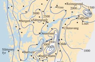 Kart over middelårsnedbør i Hordaland