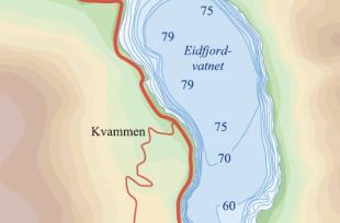 Dybdekart over Eidfjordvatnet.