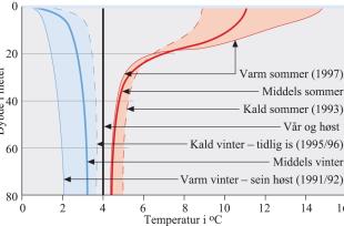 Temperaturkurver om ettervinteren og seinsommeren fra Reinsnosvatnet i Odda kommune