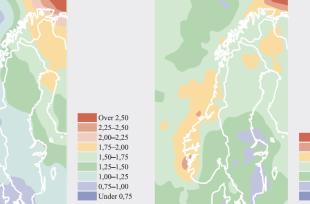 Kart med modellerte prognoser for temperatur og nedbør på den skandinaviske halvøya i 2050