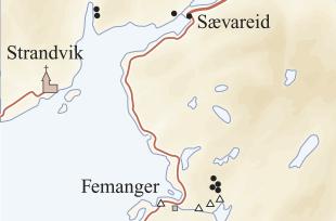 Kart over jettegryter i Fusa etter Olaf Hanssens kartlegging i 1930-åra. 