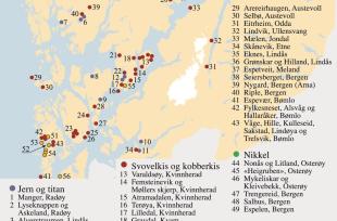 Kart over gruver, skjerp og registrerte forekomster i Hordaland.