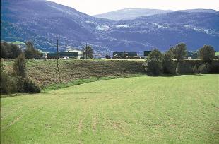 Ved Seim, rett ovanfor Øvre Vassenden, ser vi tydeleg korleis elva har grave seg ned i terrassen i ein yttersving