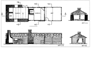 Eldhusa på Nerheim. Plan og snitt (teikning: Sunnhordland Museum)