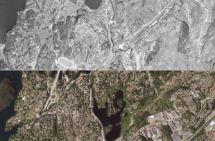 Nesttunområdet i 1951 (øverst) og 2016 (nederst).