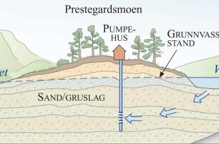 Snitt som viser lausmassar og grunnvatn under Prestegardsmoen