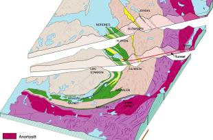 Terrengmodell som viser de geologiske hovedenhetene i Bergensområdet. Tunnelen er indikert med en rød linje i det fremste profilet. 